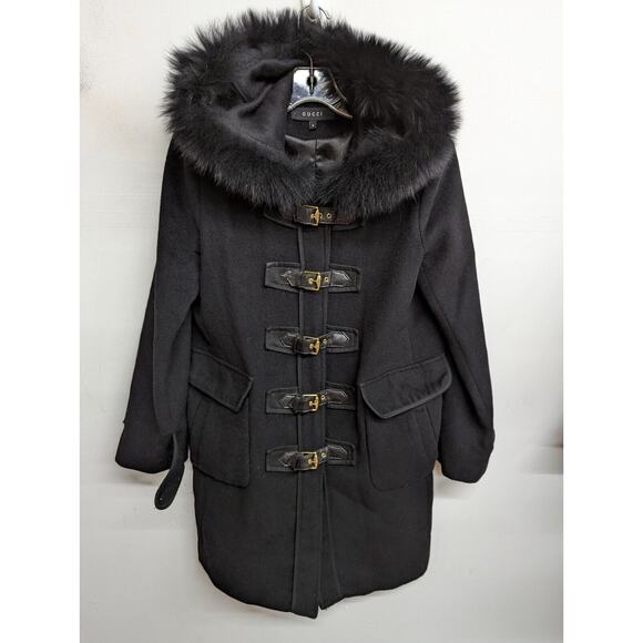 Gucci Women's Coat Wool Alpaca Blend Buckles Leather Trim Black Size Medium